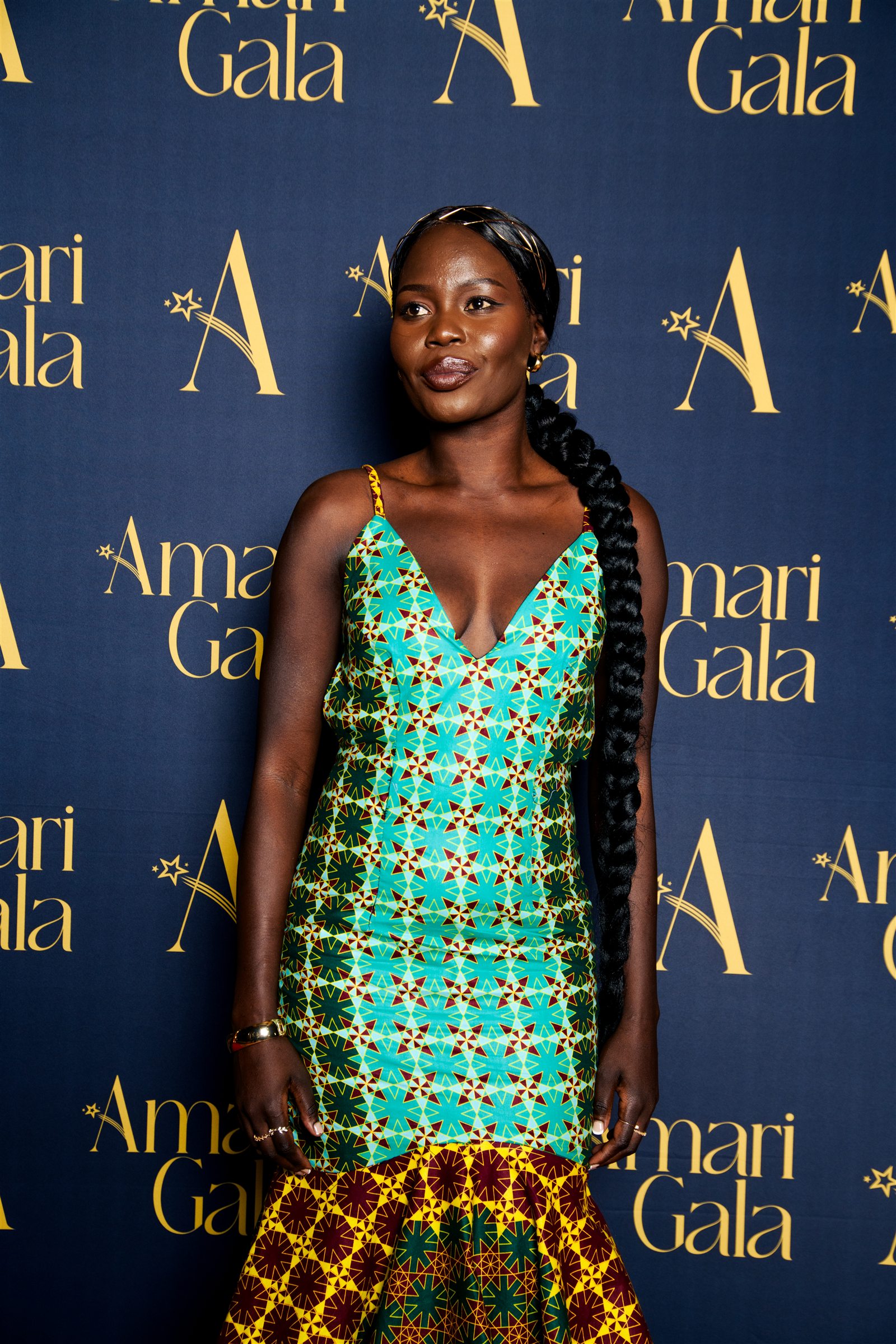 Guest in patterned evening dress